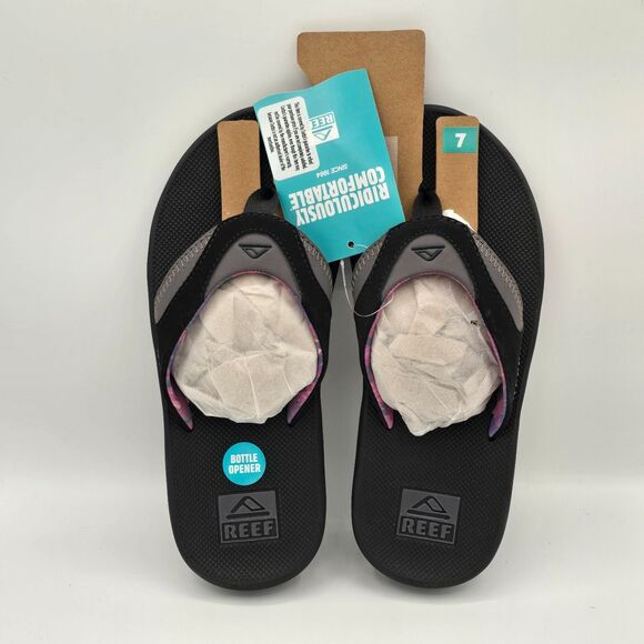 REEF “Fanning” Women’s Flip-Flop Sandal & Sole Bottle Opener (Black/Pink) - Sz 7 - Picture 5 of 9